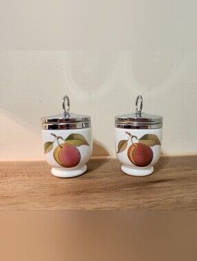2 Royal Worcester Evesham Egg Coddlers Peach Berries vintage England Breakfast